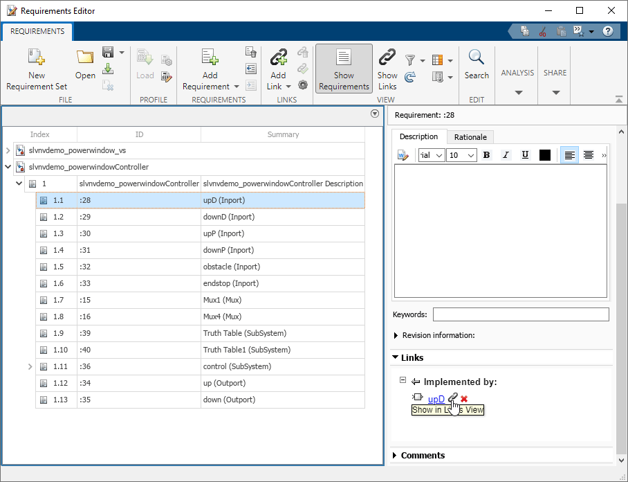 A requirement is selected in the Requirements Editor and a link to the associated model element is displayed.