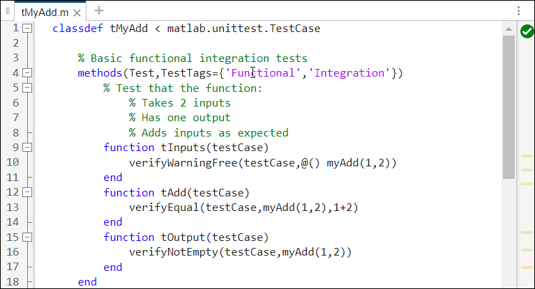 Lines 1-18 of the tMyAdd test file are shown, which includes the first test methods block with tags Functional and Integration.