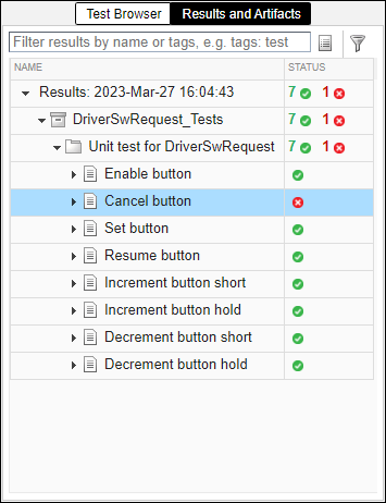 The results of the test run are shown in the Results and Artifacts pane. Seven of the tests passed. The Cancel button test is the only failed test.