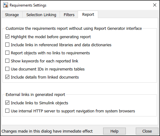 The Requirements Settings dialog