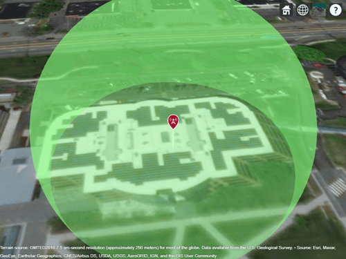 Transmitter site and antenna radiation pattern displayed over satellite imagery