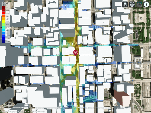 Site Viewer with buildings showing a transmitter site and coverage map