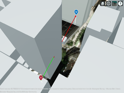 Obstructed line-of-sight path from the transmitter site to the receiver site. The path is green from the transmitter to the building, and red from the building to the receiver.