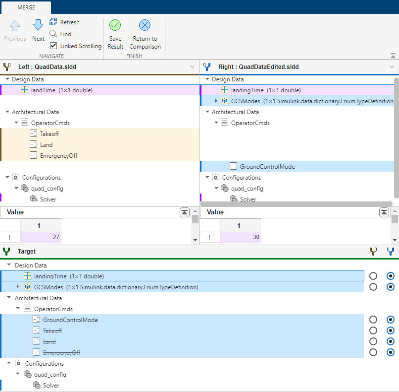 Two-way merge tool open with the comparison report of two data dictionaries and the Target pane open.