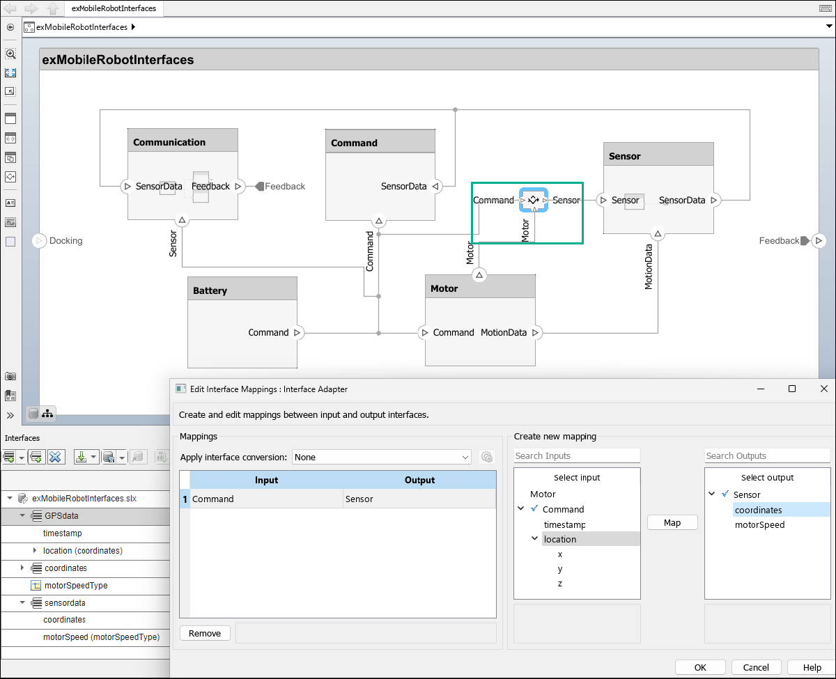 The Command input port and Sensor output port are selected in the Interface Adapter. In the Create new mapping section on the right, the location data element and coordinates output data element are selected.