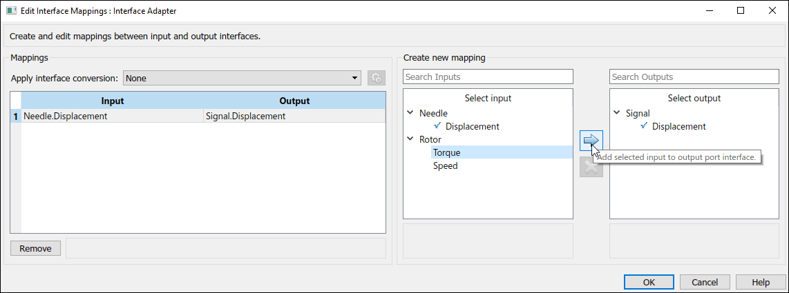 The Torque element is selected in the Interface Adapter dialog box, and the cursor is paused on the Add selected input to output port interface button.