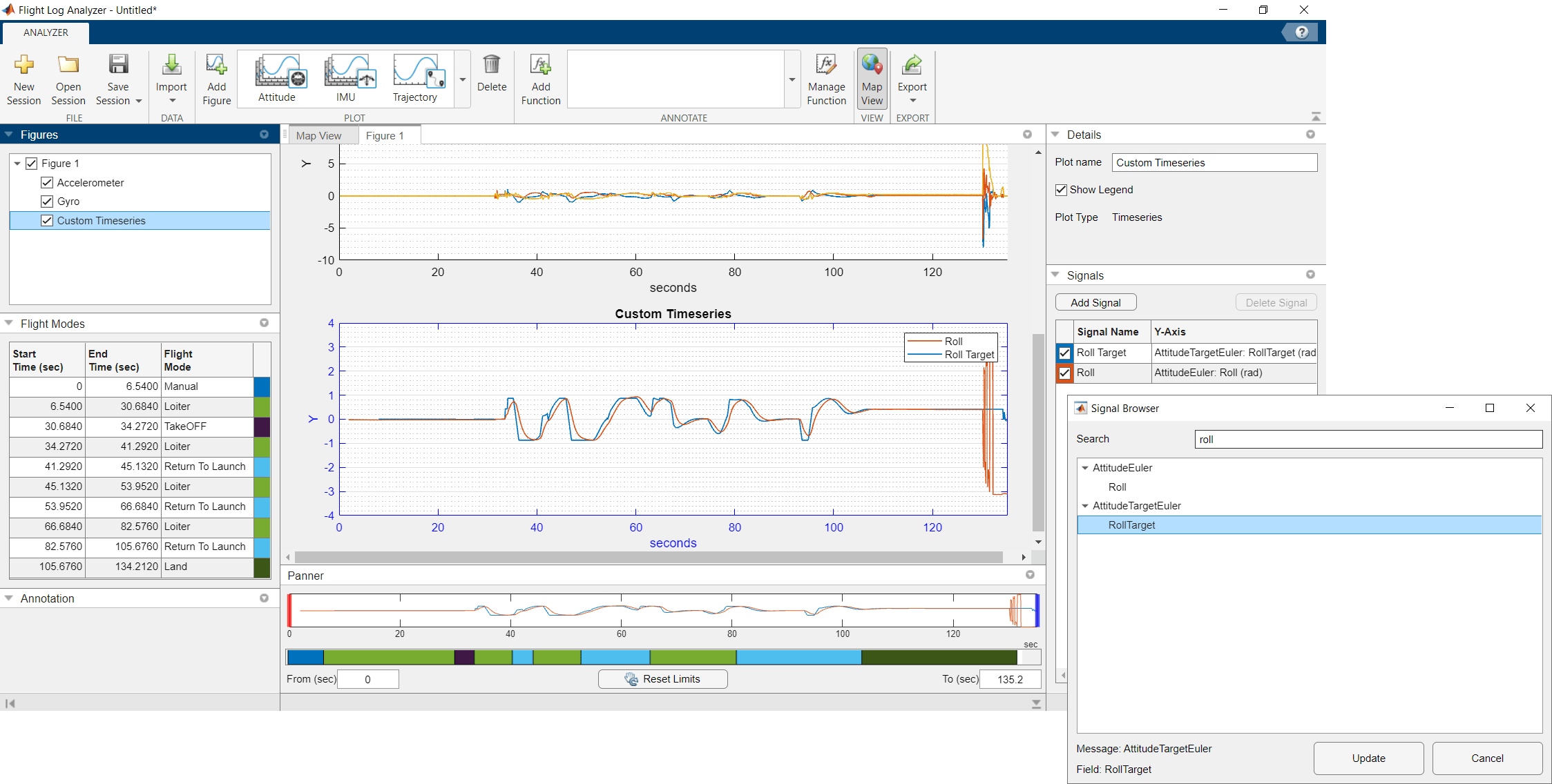 Custom Timeseries plot with Roll Target and Roll signals, showing close tracking until the final seconds