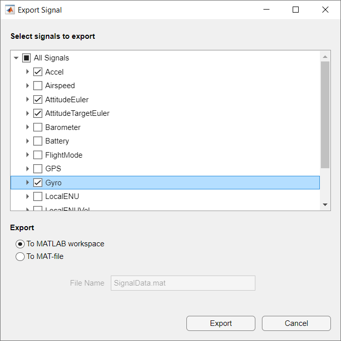 Export Signal dialog box with signal tree, To MATLAB workspace selected, and File Name box