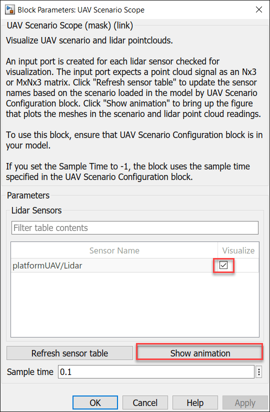 UAV Scenario Scope block parameters with platformUAV/Lidar sensor Visualize checkbox enabled and Show animation button highlighted