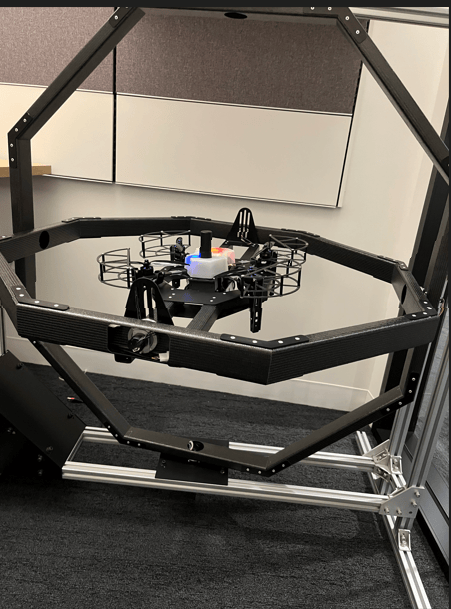 UAV mounted on test platform in the roll configuration.