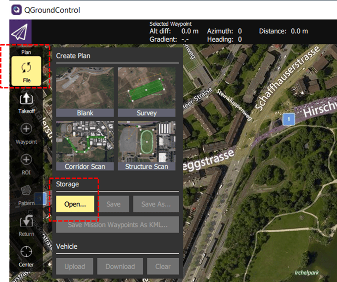 Create plan menu of QGroundControl, showing the Open button.