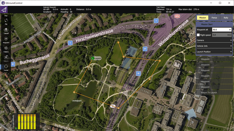 UAV mission in qGroundControl with six waypoints.