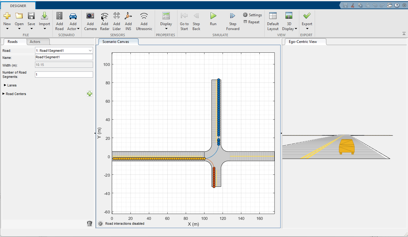 This figure shows the generated driving scenario in the Driving Scenario Designer app.