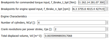 Fields showing torque breakpoints [21, 262.14, 281.07, 300 Nm], speed breakpoints [6.3, 3755.8, 4015.4, 4274.9 rpm], 6 cylinders, 2 strokes, and displaced volume 0.0036 m³.