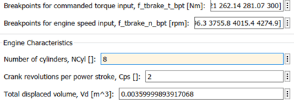 Torque and speed breakpoints, 8 cylinders, 2 strokes, displaced volume 0.0036 m³.