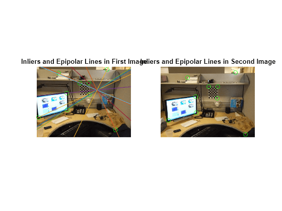 Figure contains 2 axes objects. Axes object 1 with title Inliers and Epipolar Lines in First Image contains 11 objects of type image, line. One or more of the lines displays its values using only markers Axes object 2 with title Inliers and Epipolar Lines in Second Image contains 2 objects of type image, line. One or more of the lines displays its values using only markers