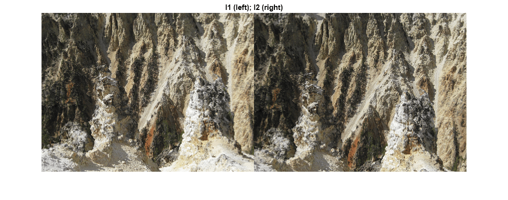 Figure contains an axes object. The axes object with title I1 (left); I2 (right) contains an object of type image.