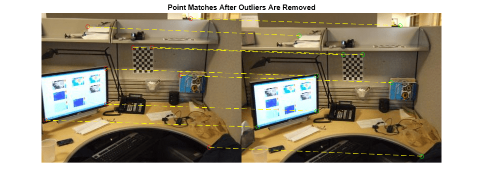 Figure contains an axes object. The axes object with title Point Matches After Outliers Are Removed contains 4 objects of type image, line. One or more of the lines displays its values using only markers