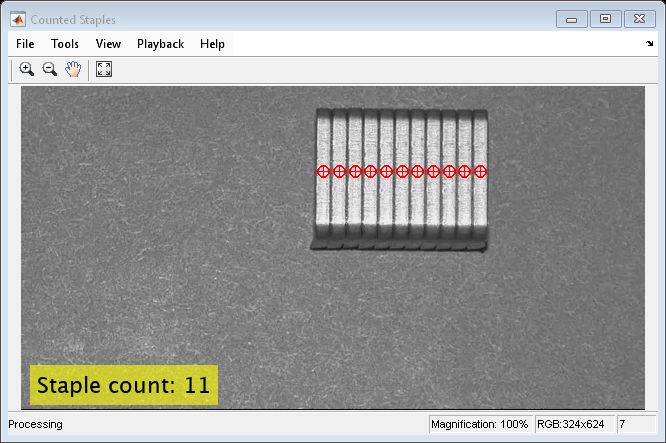 Figure Counted Staples contains an axes object and other objects of type uiflowcontainer, uimenu, uitoolbar. The axes object contains an object of type image.