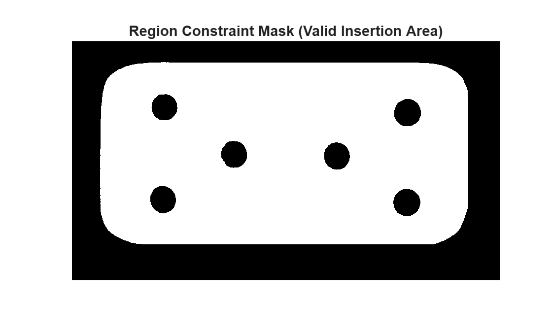 Figure contains an axes object. The hidden axes object with title Region Constraint Mask (Valid Insertion Area) contains an object of type image.