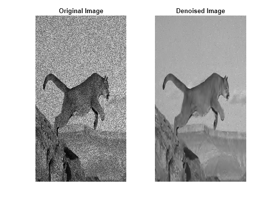 Figure contains 2 axes objects. Axes object 1 with title Original Image contains an object of type image. Axes object 2 with title Denoised Image contains an object of type image.