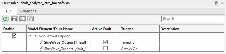 This image shows the Fault Table pane resulting from the previous example after the fault has been added.