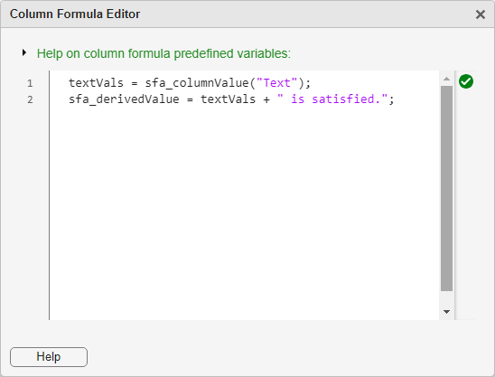 The Column Formula Editor window with the code.