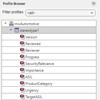 In the Profile Editor, the image shows the properties of the stereotype in the built-in profile.