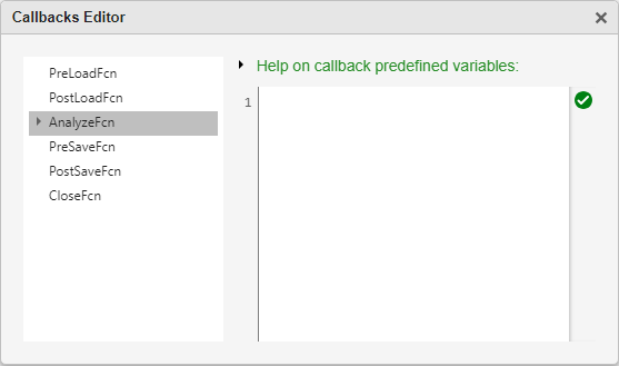 The Callbacks Editor window. The window has not script, and the PreLoadFcn option is highlighted in grey.