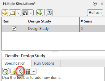 This image shows the Multiple Simulations panel view when the Add a set of faults to the design study button is present.