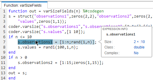 Code generation report, showing size of s.observations1