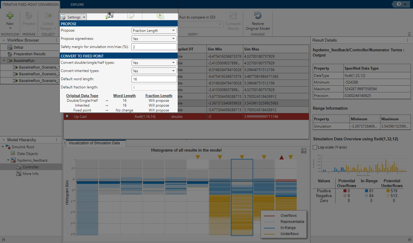 View of the Fixed-Point Tool after collecting ranges. The Settings menu is expanded and highlighted.