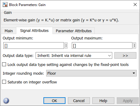 Block Parameters dialog for Gain block with Signal Attributes pane selected.