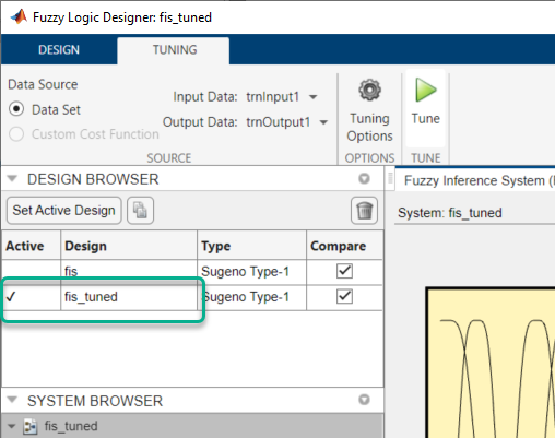 Design Browser table containing two entries, the original FIS in the first row and the tuned FIS in the second row.