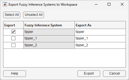 Export Fuzzy Inference Systems to Workspace dialog box containing a table with FIS designs