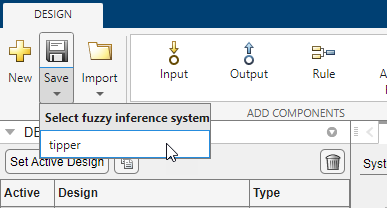 App toolstrip showing the Save drop-down menu. The cursor is pointing to the single FIS listed in the drop-down menu.