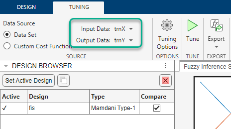 Tuning tab toolstrip highlighting the Input Data and Output Data drop-down lists in the Source section.