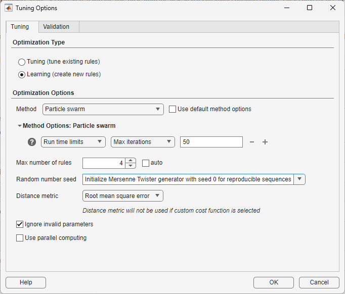 Tuning options dialog box configured for particle swarm optimization using the previously specified settings.