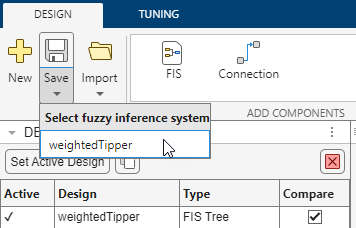 App toolstrip with the cursor pointing to weightedTipper in the Save drop-down list.