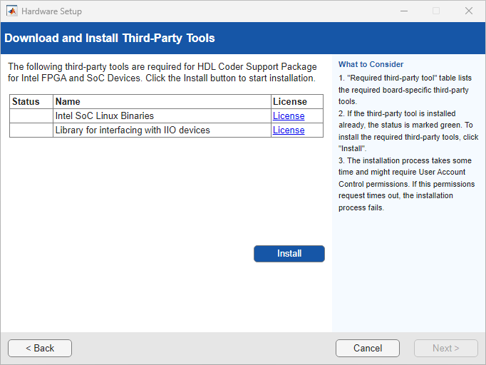 Automatic Download screen that list the required third-party tools