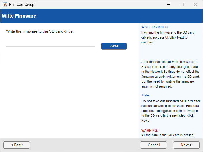 Write the firmware to the SD card.