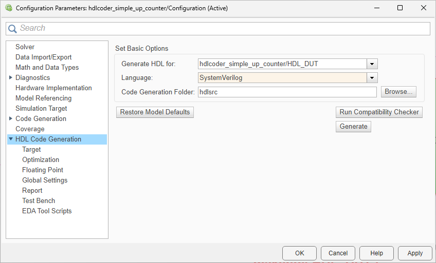 SystemVerilog language selected in the Configuration parameters dialog box.
