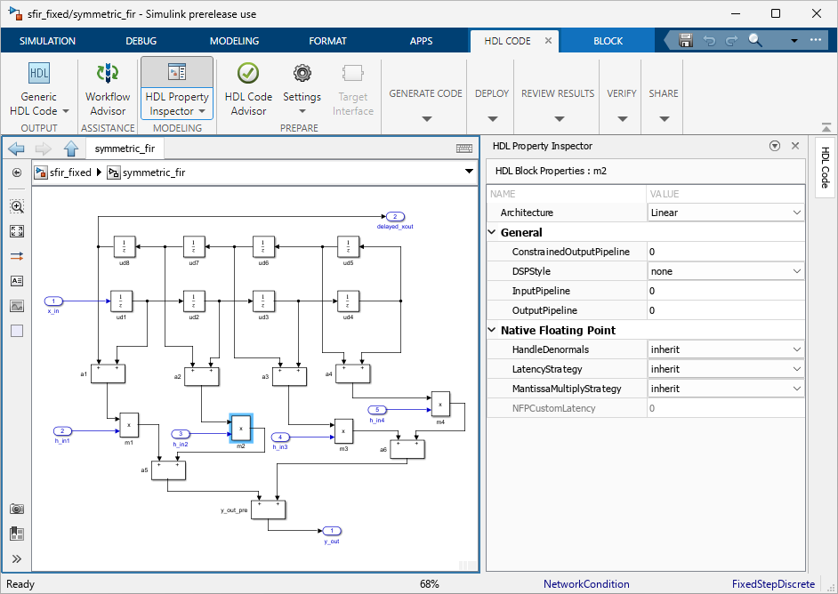 HDL Property Inspector pane opened in Simulink Editor window.