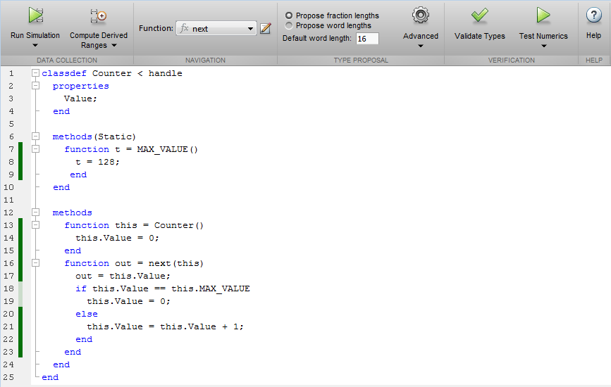 The Function dropdown shows next selected. The Fixed-Point Conversion tool code window displays the MATLAB code for next.