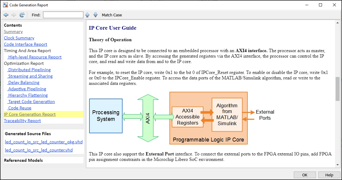 Code Generation report showing the IP Core Generation Report section.