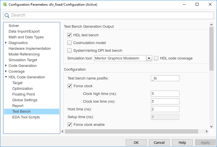 Test Bench Generation configuration parameters