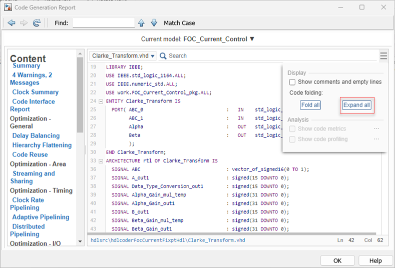 Code generation report for the model hdlcoderFocCurrentFixptHdl shows the expanded sections in the code.