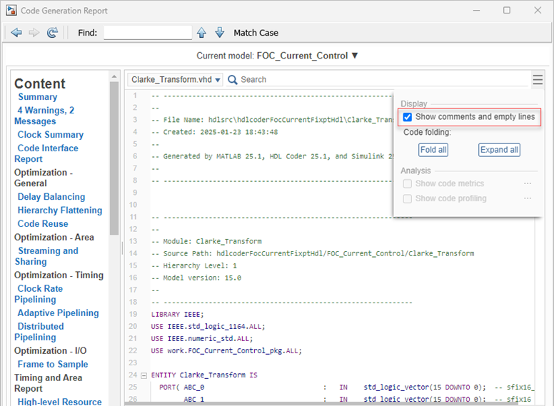 Code generation report for the model hdlcoderFocCurrentFixptHdl shows the comments and empty lines in the code.