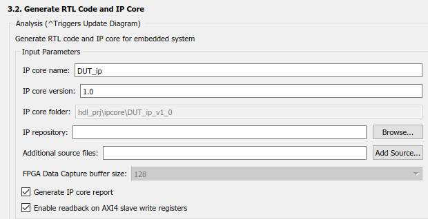 Naming Input Parameters IP core name as DUT_ip and IP core version as 1.0