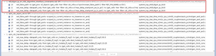 Xilinx Timing Constraints window displaying CDC constraints